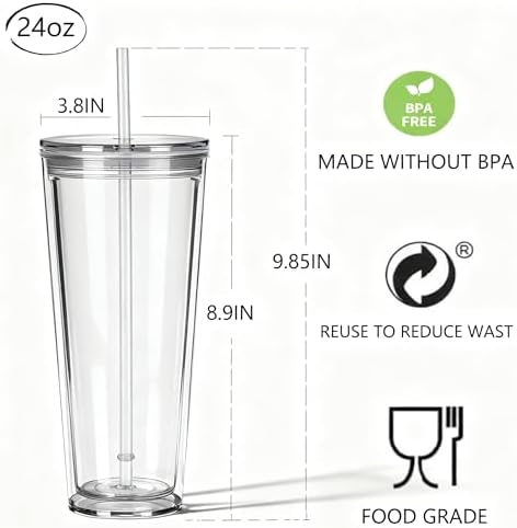 24oz Tumbler with Lid and Straw, Leak Proof and Double Wall Insulated
