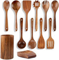 12-Piece Natural Teak Wood Utensil Set with Holder