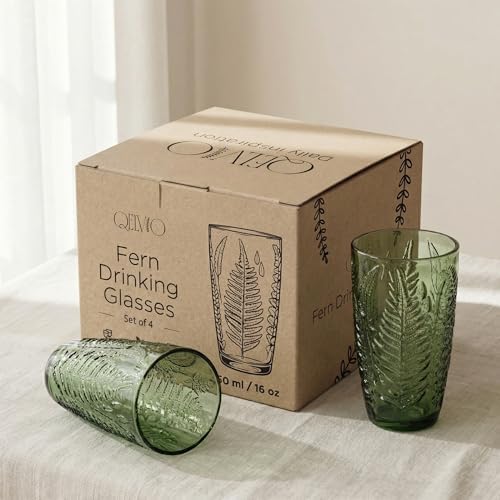 Green Drinking Glasses Set of 4, 16 oz Glass Cups, Vintage Fern