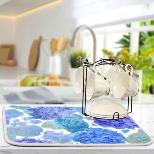 OTVEE Blue Hydrangea Blossom Decor Dish Drying Mat for Kitchen Counter