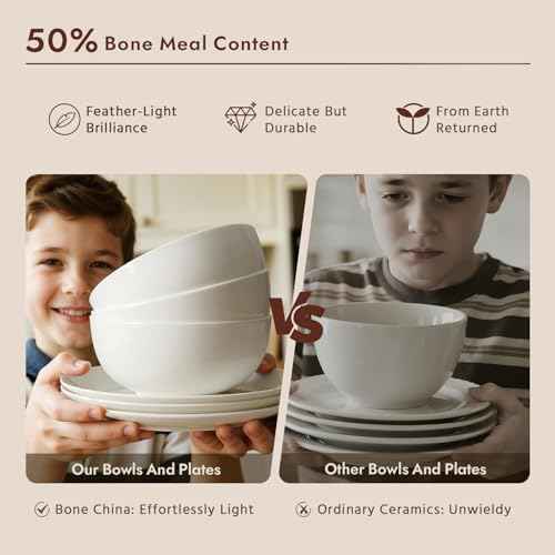 KINGSTONE Bone China Dinnerware Set for 4, 12-Piece Plates and Bowls