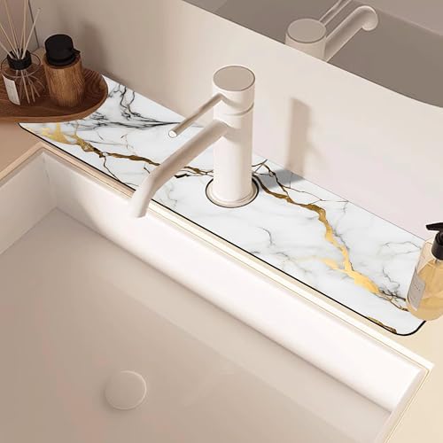 Faucet Mat for Kitchen Sink White Gold Marble Texture Sink Splash