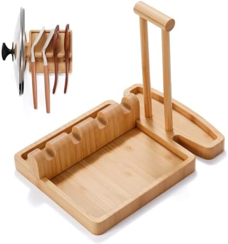Bamboo Spoon Rest & Pot Lid Holder for Stove Top, 2-in-1 Spatula Rest