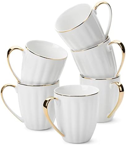 BTaT- White Porcelain Coffee Mug Set, 6 Pack, 12oz, Gold Trim Design