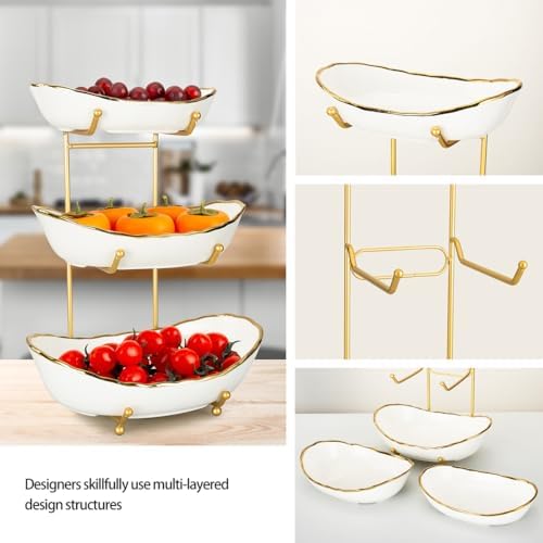 White Ceramic 3 Tier Modern Fruit Bowl with Metal Stand, Tiered Fruit Tray for Kitchen Counter, Snacks Nuts Bread Candy Storage