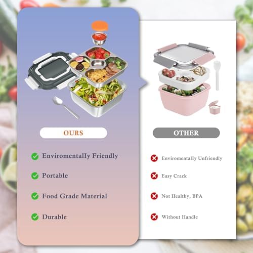 64oz Salad Bowl, Lunch Salad Container contain 4-Section Bento Tray