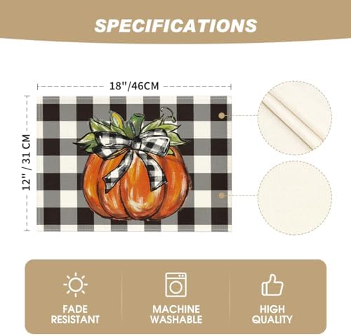Artoid Mode Buffalo Plaid Pumpkin Fall Placemats Set of 6-12 x 18 Inch