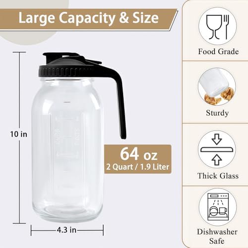 64oz Glass Pitcher Carafes With Handle and Lid, 2 Quart Mason Jar