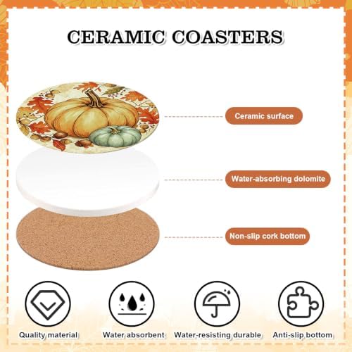 Whaline 4Pcs Fall Thanksgiving Coasters Vintage Autumn Pumpkin Ceramic