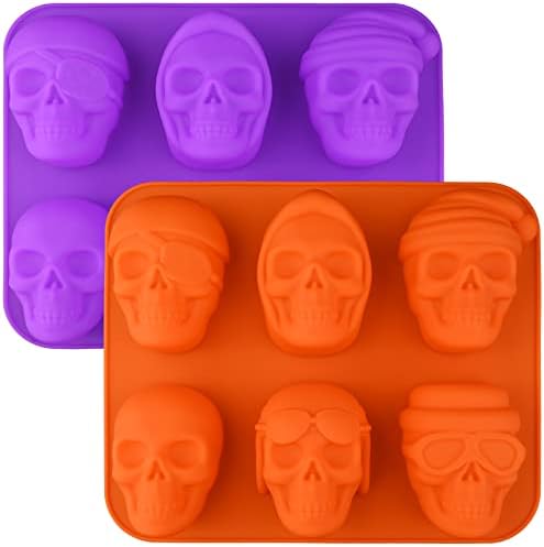 Sakolla Large Skull Cake Pan Silicone Mold, 2 Pack 6 Cavity Halloween