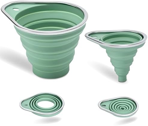 Stainless Steel Rim Silicone Collapsible Funnel Set, 2 Pack Large &