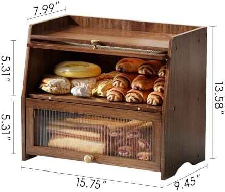 Bread Box for Kitchen Countertop, Double Layer Pine Wood Breadbox