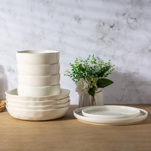 LERATIO 9.75 "Ceramic Flat Pasta Bowls,Wavy Rim 38oz Large Bowls Set
