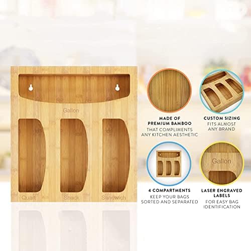 Bamboo Food Bag Storage Organizer for Kitchen Drawer, Baggie Holder