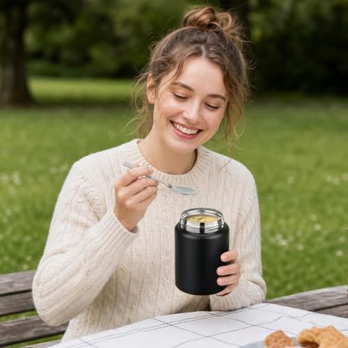 16oz Insulated Food Jar with Spoon, Stainless Steel, Black