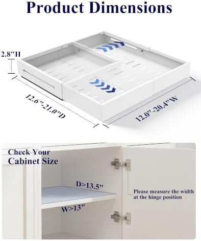 Kitsure Pull Out Cabinet Organizer - 2 Pack(12.6"-21" D x 12"-20.4" W) Expandable Sliding Cabinet Shelves, Smooth Glide Drawer Organizer, Kitchen & Pantry Storage, Framed & Frameless Cabinets