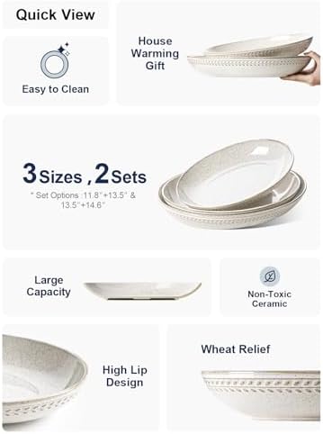 LE TAUCI Serving Platters Set 2, Ceramic Serving Bowls, Large Oval Serving Dishes for Entertaining, Turkey Plates, kitchen bowls for Salad, Fruit, Pasta. Oven Safe, 63/41 oz, 13.5" / 11.8"-Birch Wheat