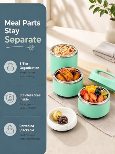 Lille Home Stackable Stainless Steel Thermal Lunch Box, 43OZ/1.38L