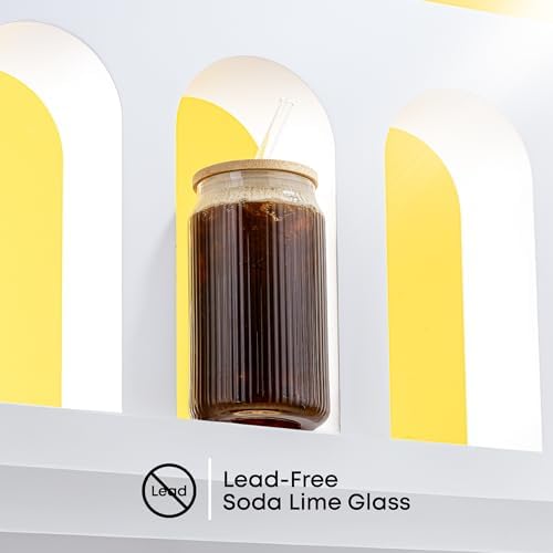 JoyJolt Fluted Glass Tumblers with Bamboo Lids and Glass Straws