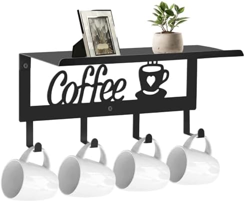 Wall Mounted Coffee Mug Holder, Black Metal with 4 Hooks, Mug Rack