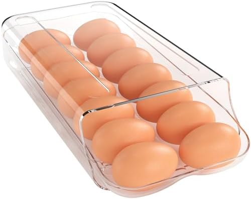 theaoo Egg Holder for Fridge, Automatic Rolling Egg Container, Clear