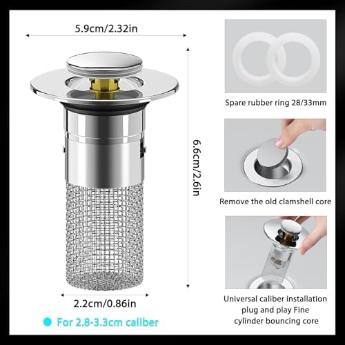 Bathroom Sink Stopper Hair Catcher, Pop Up Drain Plug with Strainer