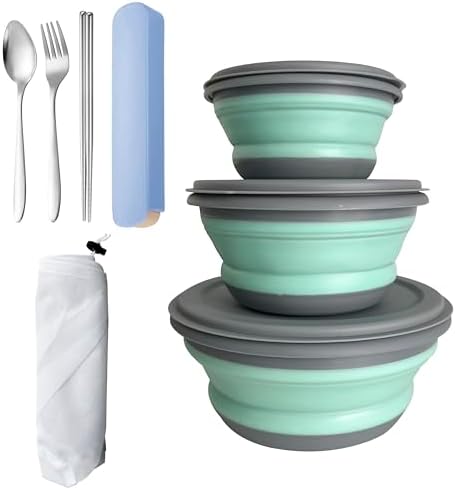 Camping Bowls, 3PCS Collapsible Bowls with Cutlery and Reusable
