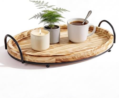 14.5" x 10" Round Wood Serving Tray with Metal Handles