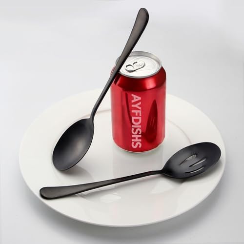 Serving Spoons Set, Black Stainless Steel, 8.7 Inch, Slotted and Solid