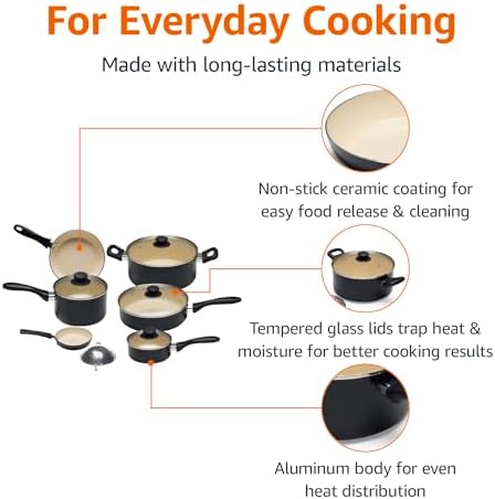 Amazon Basics 11-Piece Ceramic Non-Stick Pots and Pans Set, Dishwasher