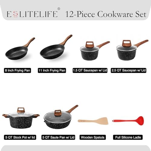 ESLITE LIFE Nonstick Cookware Sets, 12 Pcs Granite Coating Pots and