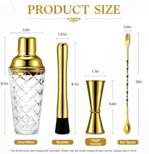 WUWEOT 4 Pcs Cocktail Shaker Set, Glass Gold Bartender Kit