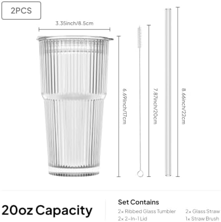 KEMORELA 20oz Ribbed Glass Tumblers with Lids and Straws,Iced Coffee