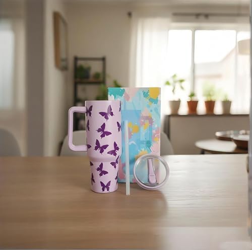40OZ Butterfly Insulated Tumbler with Handle,Purple Tumbler with Lid