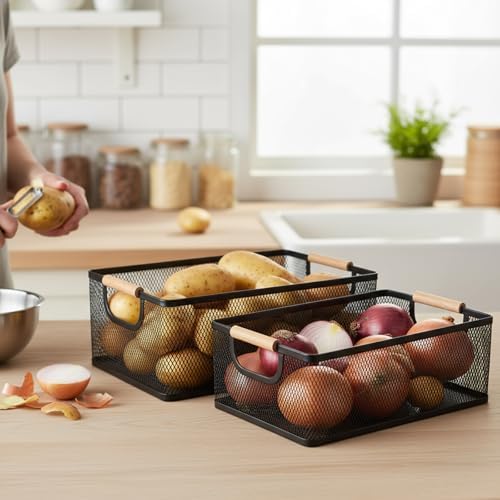 Potato and Onion Storage Baskets with Wood Handles, 2-Set Metal Mesh