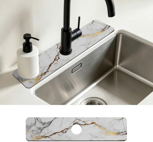 Faucet Mat for Kitchen Sink White Gold Marble Texture Sink Splash
