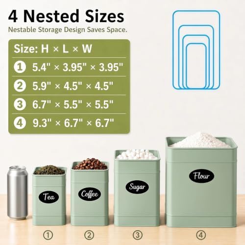 Canister Set for Kitchen Countertop, 4 Airtight Metal Canisters Sage