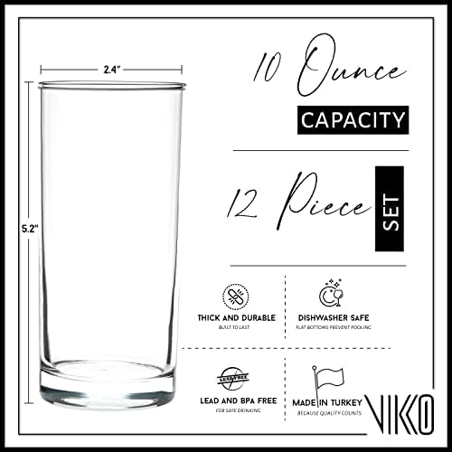 Vikko Water Glasses, Set of 12 Drinking Glasses, Thick and Durable