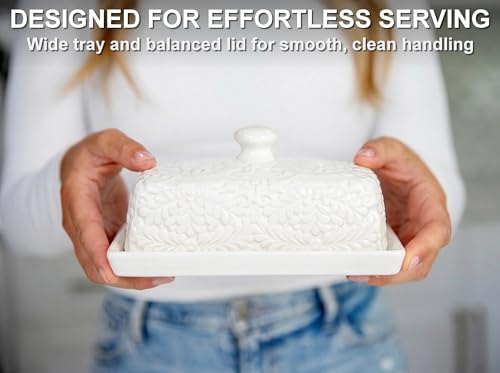Large Ceramic Butter Dish with Lid, 7.9 x 4.1 x 3.1 Inches, Embossed