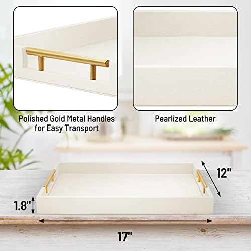 ATZYmolin 17"x12" Leather Serving Tray, Gold Handle Vanity Platter