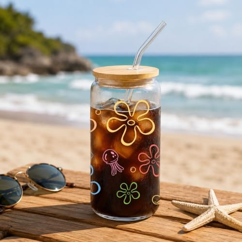 Mikopei beach gifts for women, Sea Glass Cup with Lid and Straw, 16 oz