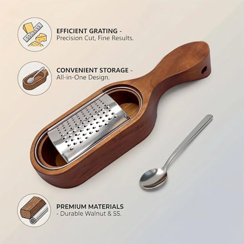 Handheld Cheese Grater with Wooden Container, Stainless Steel Grater