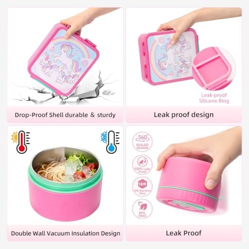 Kids Bento Lunch Box with 12oz Insulated Food Jar, 4-Compartment Lunch