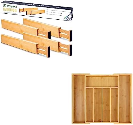 Utoplike 4 pcs Bamboo Kitchen Drawer Dividers Cutlery Tray Silverware