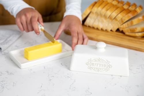 Ceramic Butter Dish with Lid, 7.7 x 4 Inch, Engraved Butter Keeper