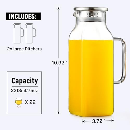 2 Pack 2.2Liters/75 oz Square Glass Pitcher with Lid and Handle for
