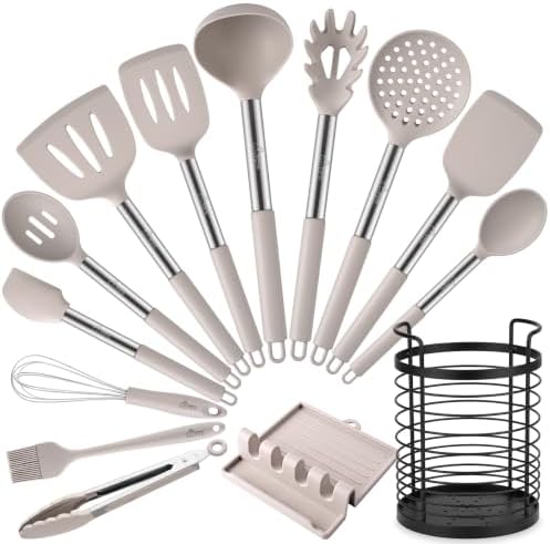 HOTEC 14-Piece Khaki Silicone Utensil Set