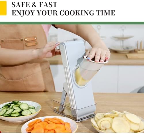Safe Mandoline Slicer for Kitchen, Adjustable Vegetable Slicer, Julienne Slicers, Cut Resistant Stainless Steel Blades, Potato Fry Cutter, Onion Chopper, Detachable, Dishwasher Safe, Kitchen Gadgets
