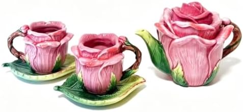 Ceramic Rose Tea Pot Set, 3D Hand-painted Rose Red Flower Cup and