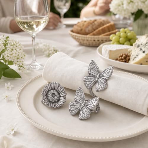 Arthur Court Napkin Ring Set - Butterfly and Flower Design - Artisan